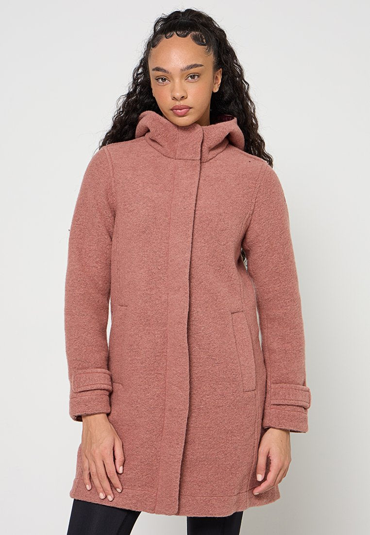 Rosa, Wollmischmantel mit hohem Stehkragen, langen Ärmeln und Seitentaschen. Das Kleidungsstück zeichnet sich durch eine strukturierte Oberfläche und eine gerade, leicht ausgestellte Silhouette aus.