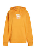 Helle gelbe Kapuzenjacke mit einer Fronttasche, Kordelzug-Kapuze und bedrucktem Design mit Text und Berggrafiken im Brustbereich.