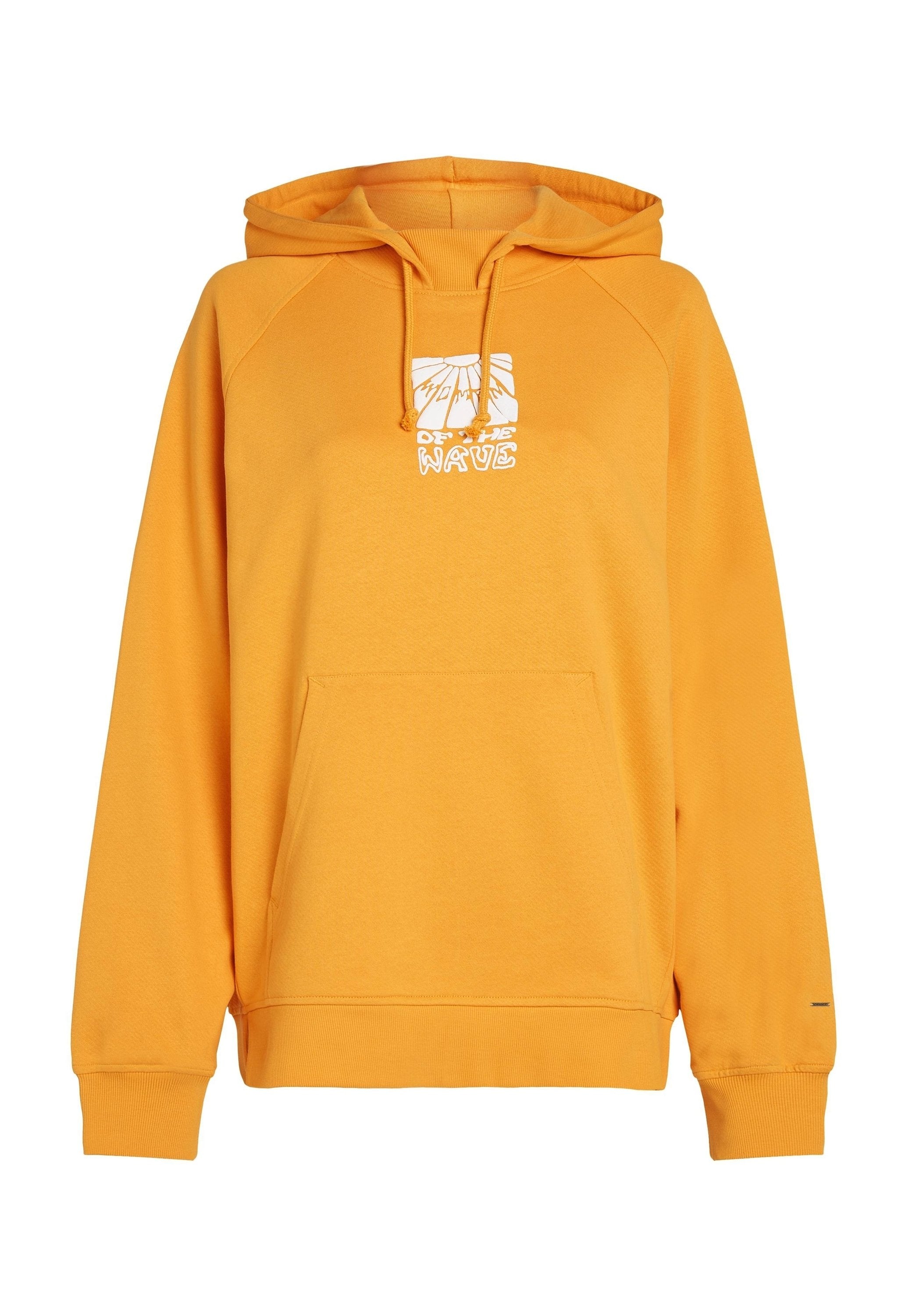 Helle gelbe Kapuzenjacke mit einer Fronttasche, Kordelzug-Kapuze und bedrucktem Design mit Text und Berggrafiken im Brustbereich.