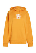 Helle gelbe Kapuzenjacke mit einer Fronttasche, Kordelzug-Kapuze und bedrucktem Design mit Text und Berggrafiken im Brustbereich.