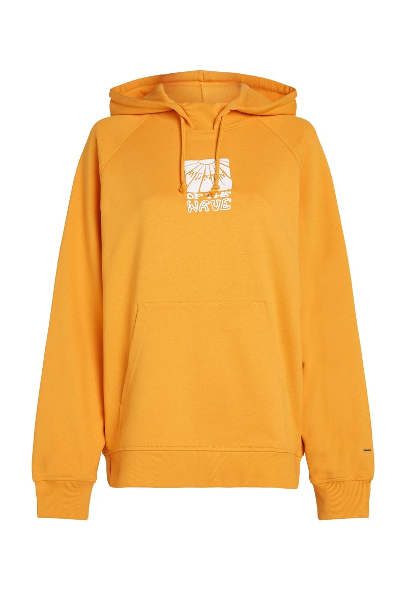 Helle gelbe Kapuzenjacke mit einer Fronttasche, Kordelzug-Kapuze und bedrucktem Design mit Text und Berggrafiken im Brustbereich.