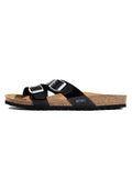 Schwarze Sandalen mit zwei verstellbaren Riemen, silbernen Schnallen, Korkfußbett und strukturiertem Gummisohle. Mit "BAYTON"-Logo an der Seite.