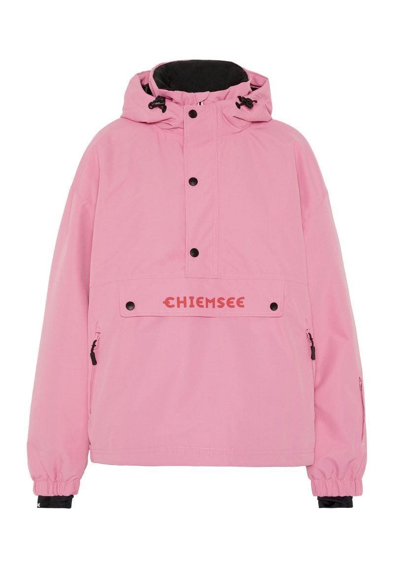 Rosa Pullover-Jacke mit Kapuze, schwarzem Kragenfutter, Fronttasche mit Knopfverschluss und elastischen Bündchen. Logo auf der Tasche.