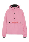 Rosa Pullover-Jacke mit Kapuze, schwarzem Kragenfutter, Fronttasche mit Knopfverschluss und elastischen Bündchen. Logo auf der Tasche.