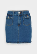 Dunkelblaue Denim-Minirock mit hoher Taille, zwei vorderen Knöpfen, Fünf-Taschen-Design und Kontrastnähten am Saum.