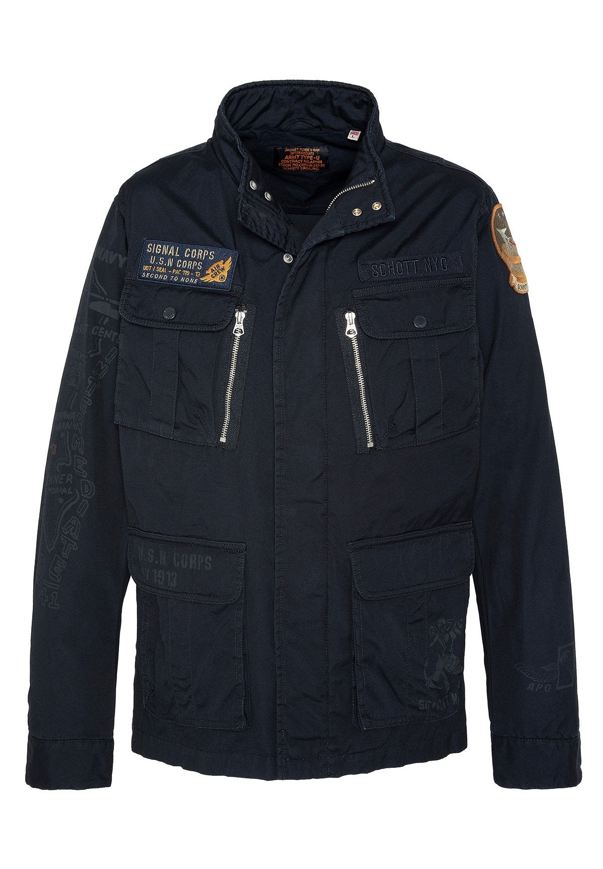 Marineblauer Mantel mit einem hohen Kragen, mehreren Fronttaschen und Reißverschlussverschlüssen. Verfügt über Militär-Patches und Textdetails an den Ärmeln.