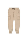 Beige Cargo-Hosen mit tapered Bein, elastischem Bund, Kordelzug und mehreren Taschen. Aus leichtem Stoff mit glatter Textur.