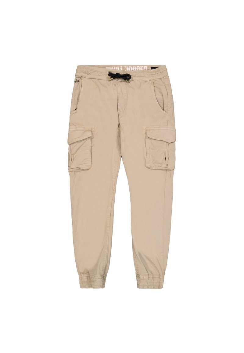 Beige Cargo-Hosen mit tapered Bein, elastischem Bund, Kordelzug und mehreren Taschen. Aus leichtem Stoff mit glatter Textur.