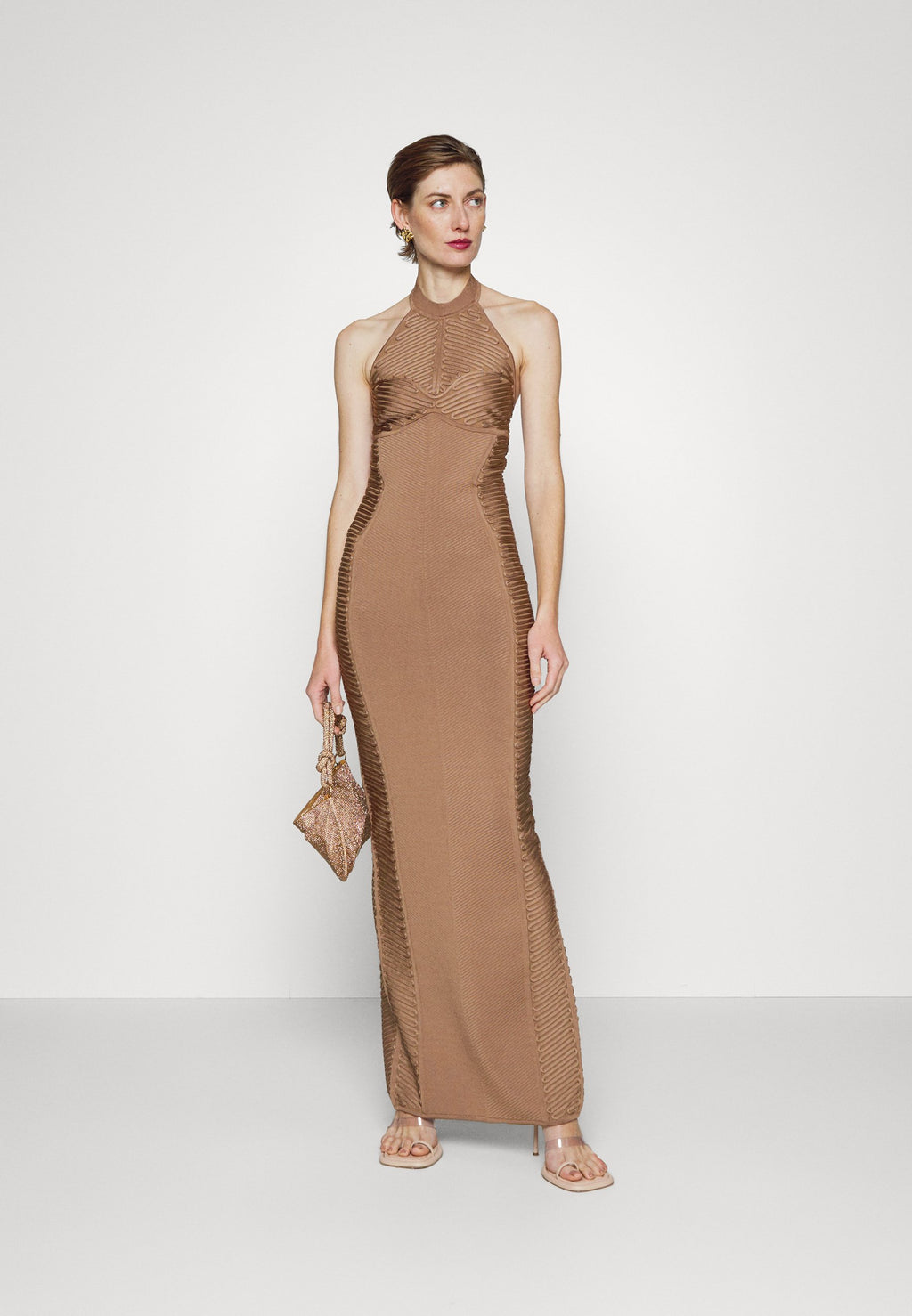 Hervé Léger LAW ROACH RIBBON EMBROIDERED HALTER GOWN