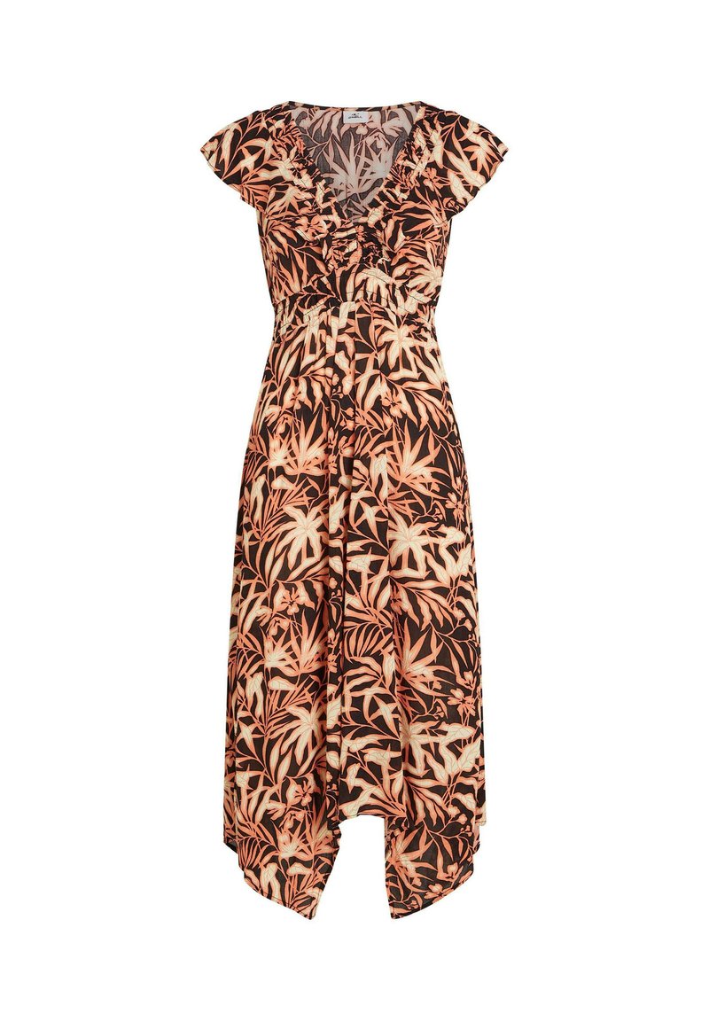 Schwarzes Kleid mit orange-weißem Blumenmuster, kurzen, gerafften Ärmeln, tailliertem Schnitt und asymmetrischem Saum. Leichter Stoff.