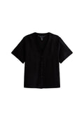 Schwarze Kurzarm-Cardigan mit V-Ausschnitt, strukturierter Stoff, Fünf-Knopf-Verschluss und lockerer Schnitt.