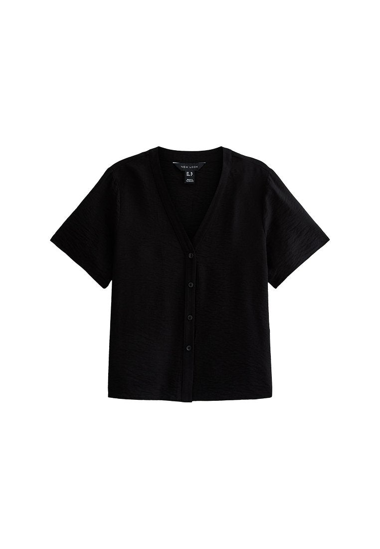 Schwarze Kurzarm-Cardigan mit V-Ausschnitt, strukturierter Stoff, Fünf-Knopf-Verschluss und lockerer Schnitt.
