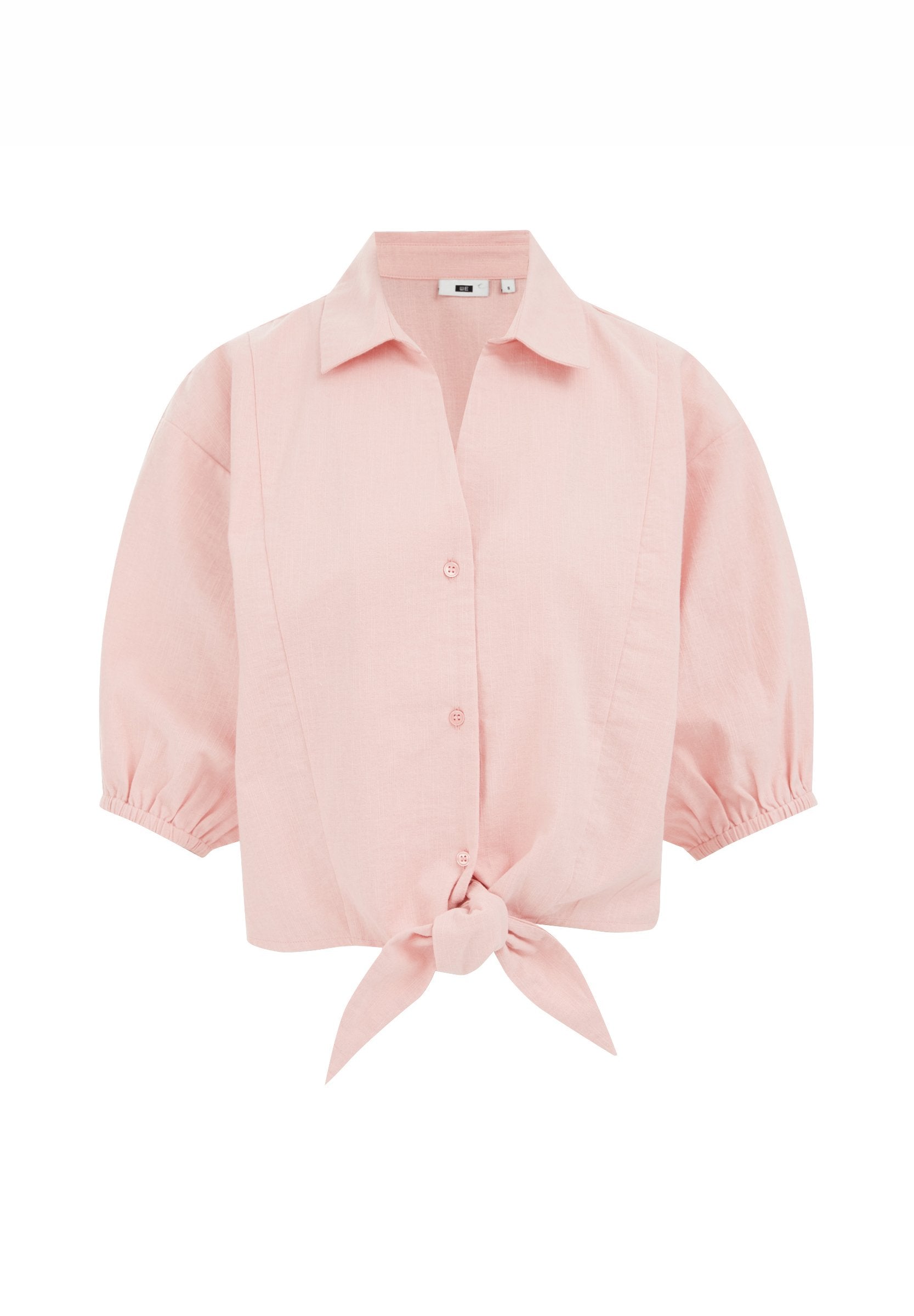 Kurze Ärmel, pinke Bluse mit gebundenem vorderen Saum. Sie hat einen Kragen, einen Knopfverschluss und geraffte Ärmel für eine entspannte Passform.
