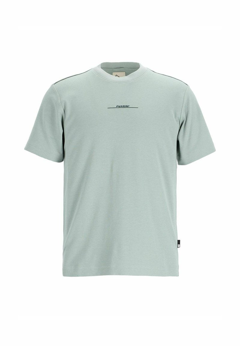 Hellgrünes Baumwoll-T-Shirt mit Rundhalsausschnitt, kurzen Ärmeln und einem schwarzen bedruckten Logo auf der Vorderseite. Schlichte Gestaltung ohne zusätzliche Muster.