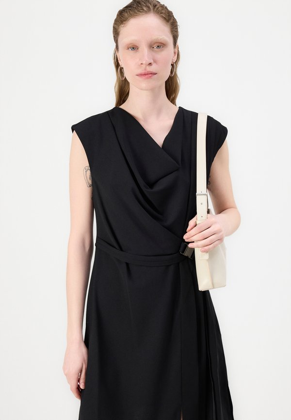 DKNY COWL NECK DRESS WITH PLEATS AND FAUX WRAP