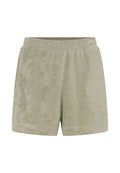 Grüne, flauschige Stoffshorts mit einem elastischen Bund. Kurze Länge und glatte Textur, ohne sichtbare Taschen oder Verzierungen.