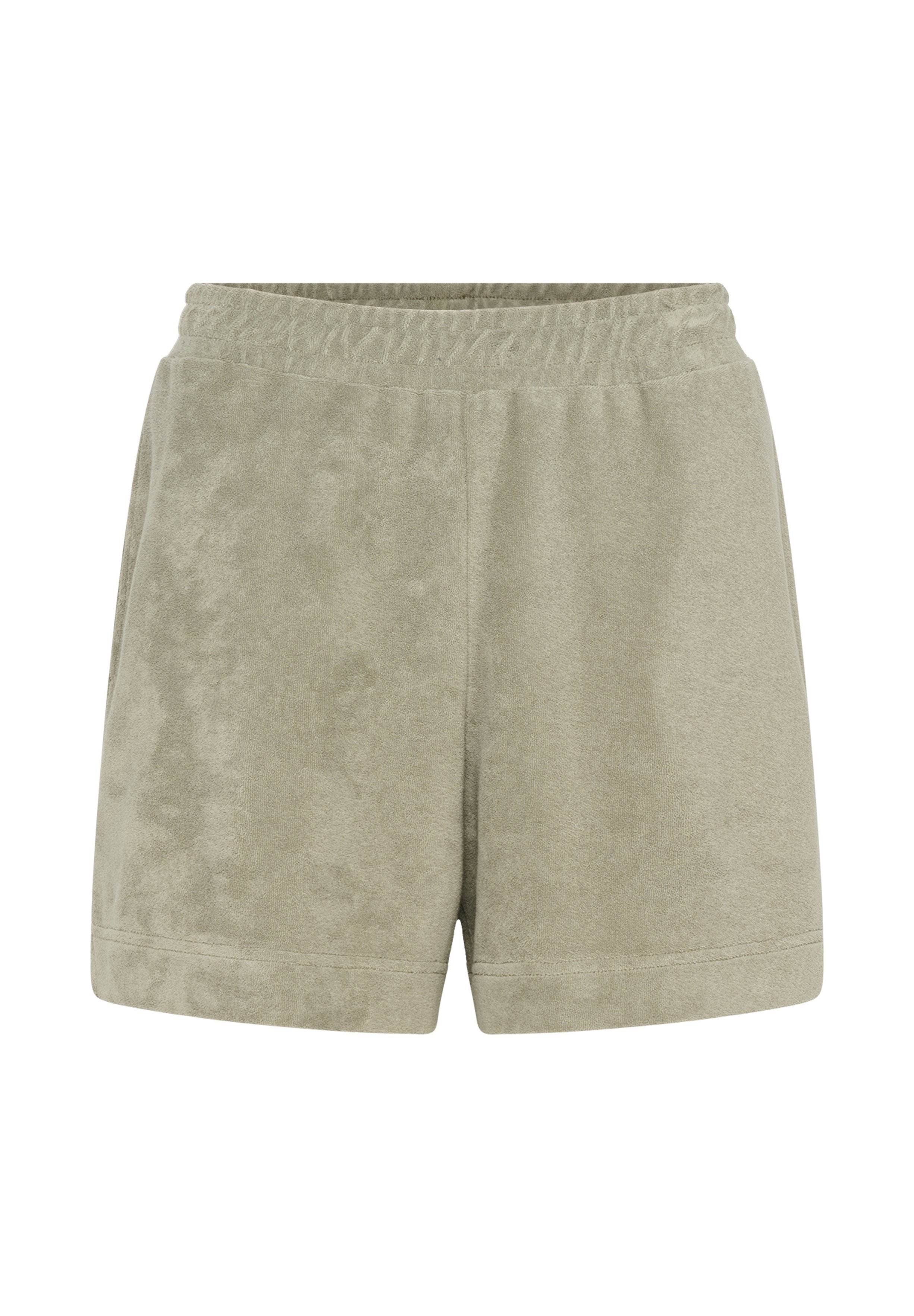 Grüne, flauschige Stoffshorts mit einem elastischen Bund. Kurze Länge und glatte Textur, ohne sichtbare Taschen oder Verzierungen.