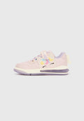 Kinderturnschuh in Pastellrosa und Lila mit Einhorn-Gesicht, Sternen- und Halbmond-Details, verstellbarem Riemen und lila Sohle.
