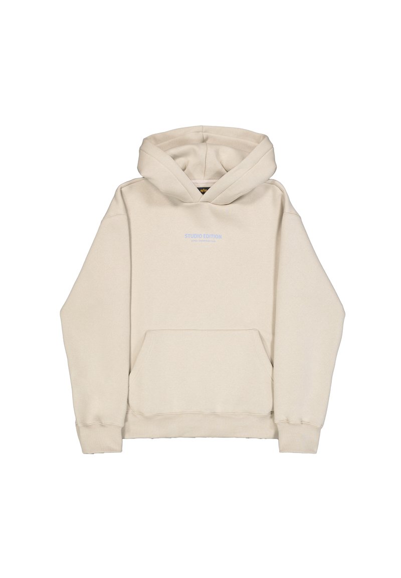 Beige Kapuzenpulli mit Kängurutasche, verstellbarem Kapuzenzug und "STUDIO EDITION"-Text in Hellblau. Weicher, lässiger Stoff mit gerippten Bündchen.