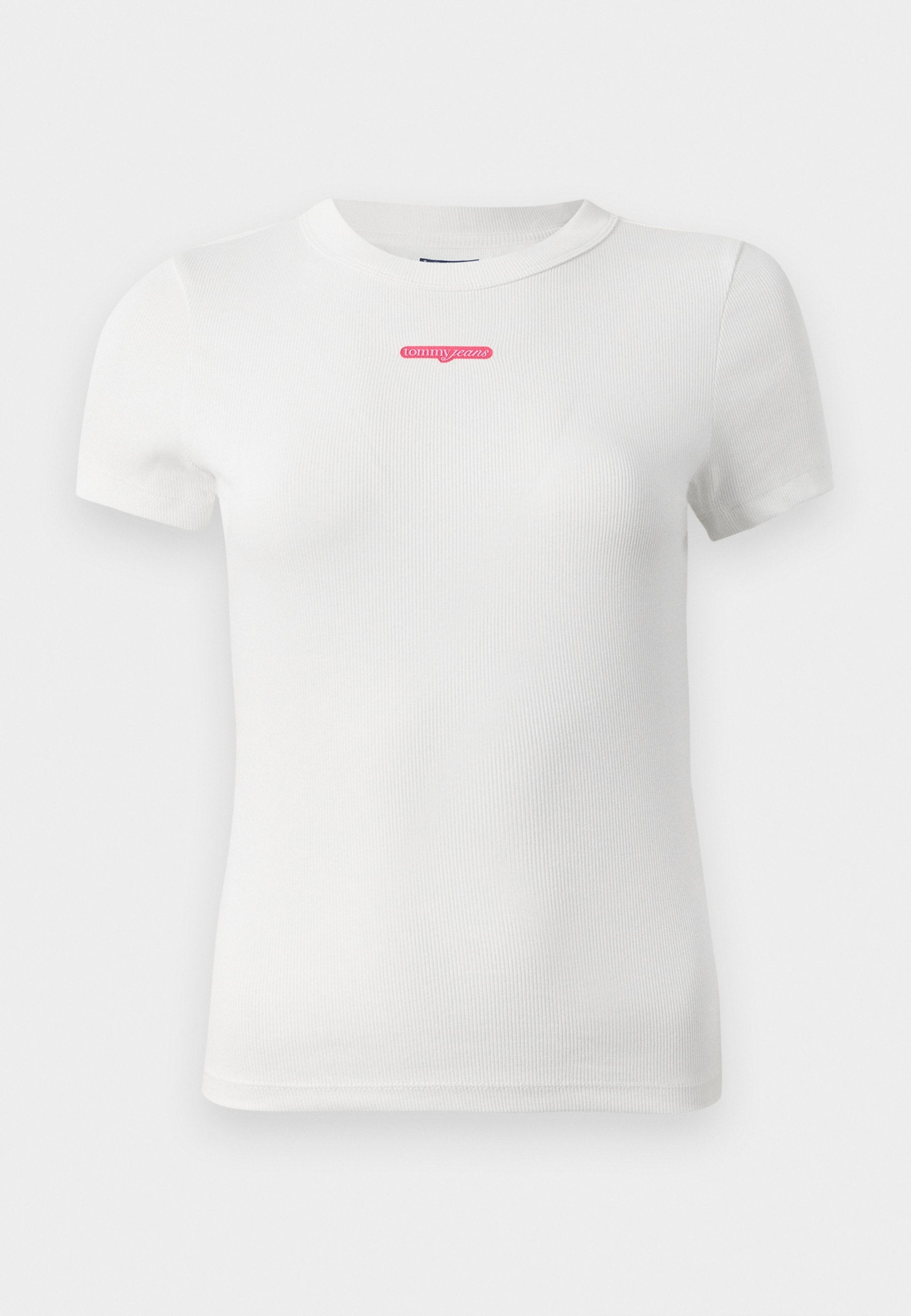 Weißes T-Shirt mit kurzen Ärmeln aus geripptem Stoff. Mit einem rosa Logo auf der Brust. Klassisches Rundhals-Design mit taillierter Passform.