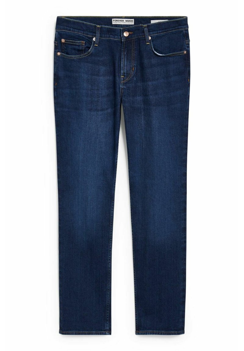 Dunkelblaue Denim-Jeans mit geradem Bein, fünf Taschen, kupfernen Nieten und subtilen Verfärbungen auf der Oberfläche.