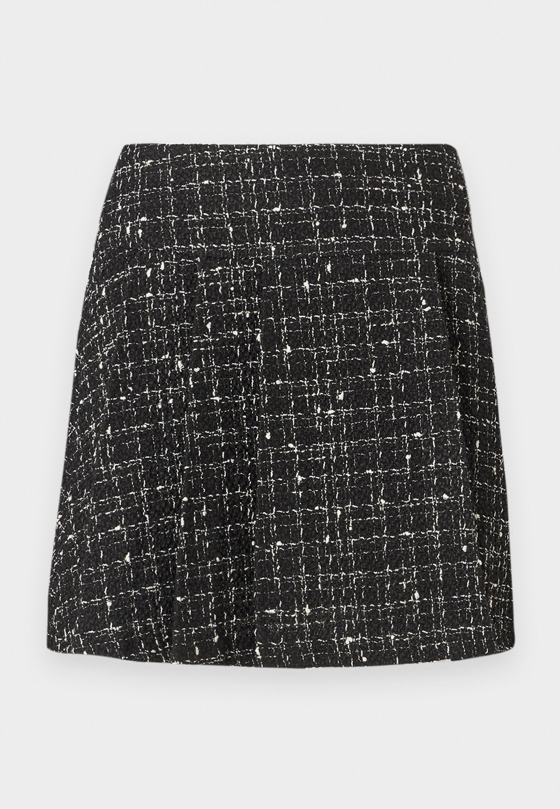 Schwarz-weißes Tweed-Rock mit strukturiertem Muster, geradem Schnitt und einem subtilen Karomuster. Verfügt über einen Taillenbund und keine sichtbaren Verschlüsse.