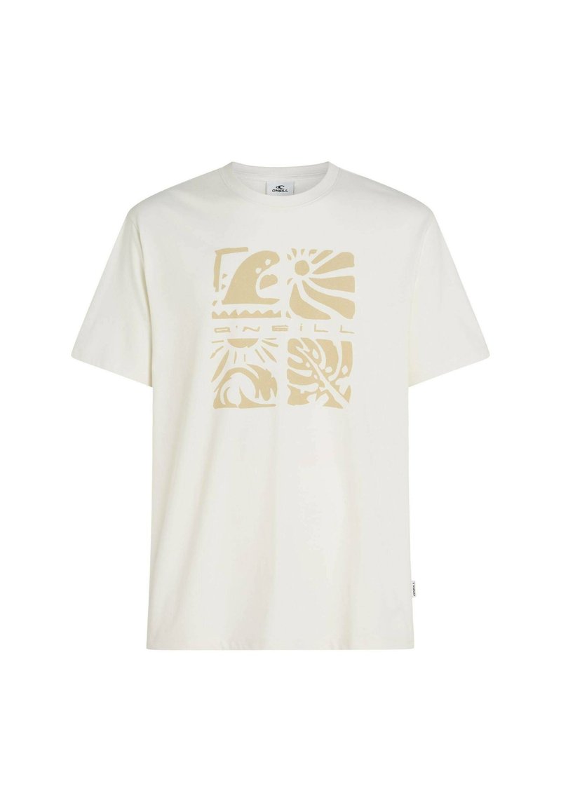 Weißes Baumwoll-T-Shirt mit einem beigen grafischen Druck, der geometrische und organische Formen wie Wellen und Blätter zeigt. Lockerer Schnitt, kurze Ärmel.