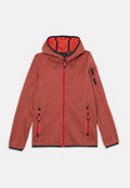 Rote Fleecejacke mit Kapuze, ausgestattet mit einem Frontreißverschluss, zwei Reißverschlusstaschen und schwarzer Besatz entlang der Bündchen und des Saums.