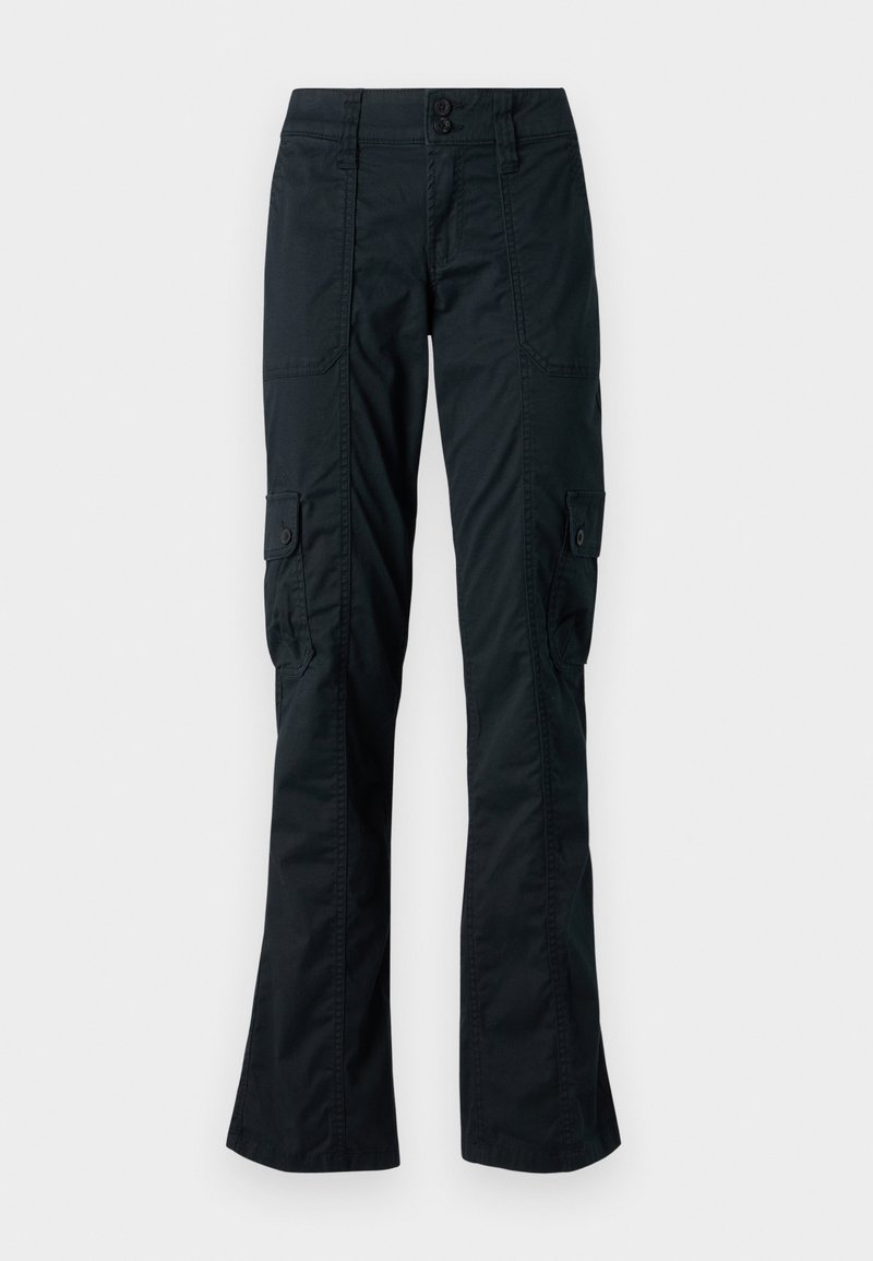 Schwarze Cargo-Hosen mit geradem Bein, hergestellt aus strapazierfähigem Material. Mit zwei Seitentaschen mit Klappen und Knopfverschlüssen.