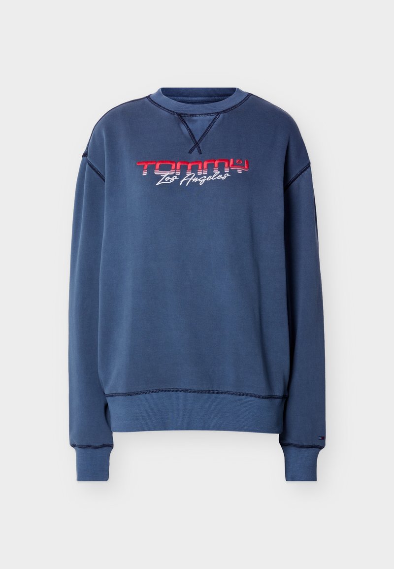 Marineblauer Sweatshirt mit Rundhalsausschnitt, bestickt mit rotem und weißem "Tommy Los Angeles" Schriftzug auf der Vorderseite, mit gerippten Bündchen und Saum.