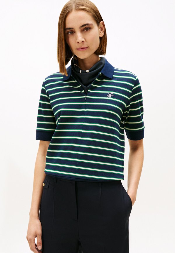 Tommy Hilfiger REGULAR FIT PIQUE ZIP POLO SHIRT - Polo shirt - navy/nouv green/calico multi stp