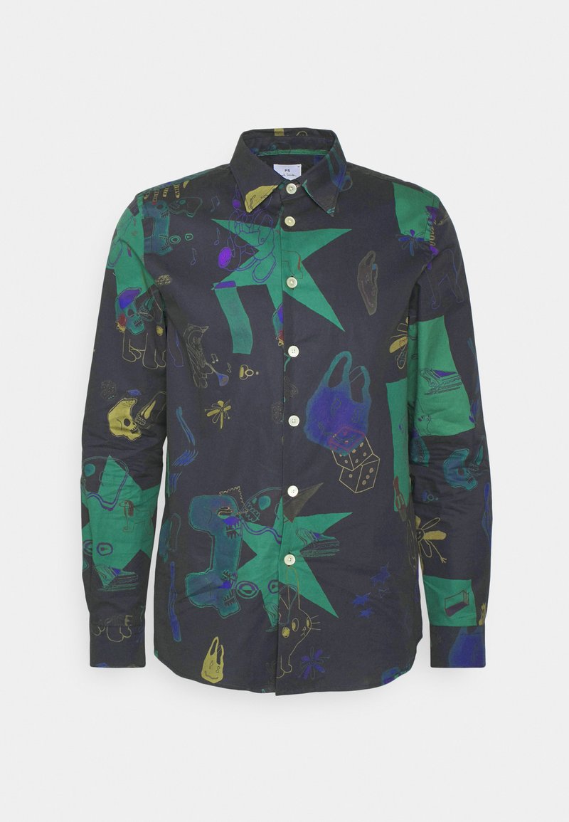 Baumwollhemd mit dunkelblauem Grund und lebhaften grünen, gelben und lila abstrakten Designs, ergänzt durch einen klassischen Button-Down-Kragen.