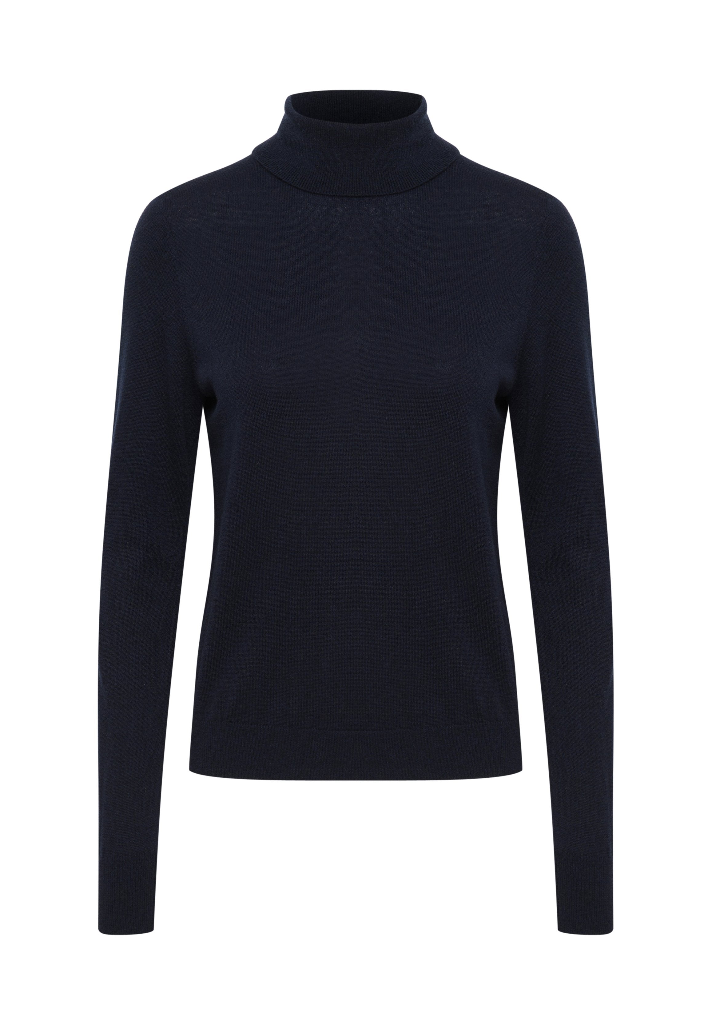 Marineblaues Rollkragensweatshirt mit langen Ärmeln, aus weichem Strickmaterial gefertigt. Verfügt über eine körpernahe Silhouette sowie gerippte Details am Kragen und Saum.