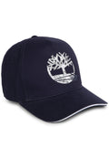 Marineblaue Baseballmütze aus Stoff mit gebogenem Schirm, ausgestattet mit einem weißen Baum-Logo und kontrastierenden Nähten am Schirm.