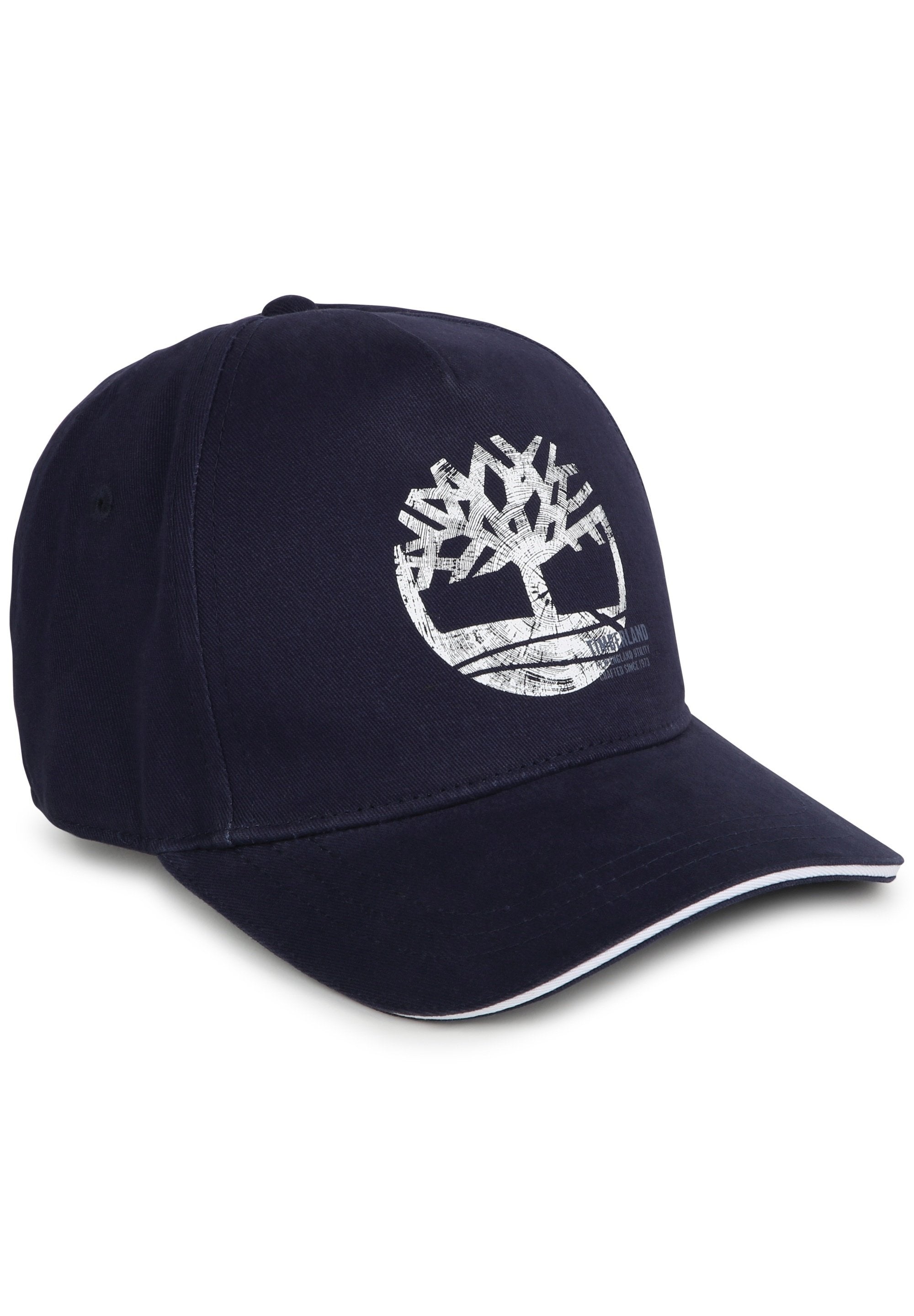 Marineblaue Baseballmütze aus Stoff mit gebogenem Schirm, ausgestattet mit einem weißen Baum-Logo und kontrastierenden Nähten am Schirm.