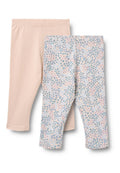 Zwei Leggings-Paare: eines in einfarbigem Hellrosa und das andere mit einem hellblauen Blumenmuster. Beide verfügen über elastische Bundabschlüsse und weichen Stoff.