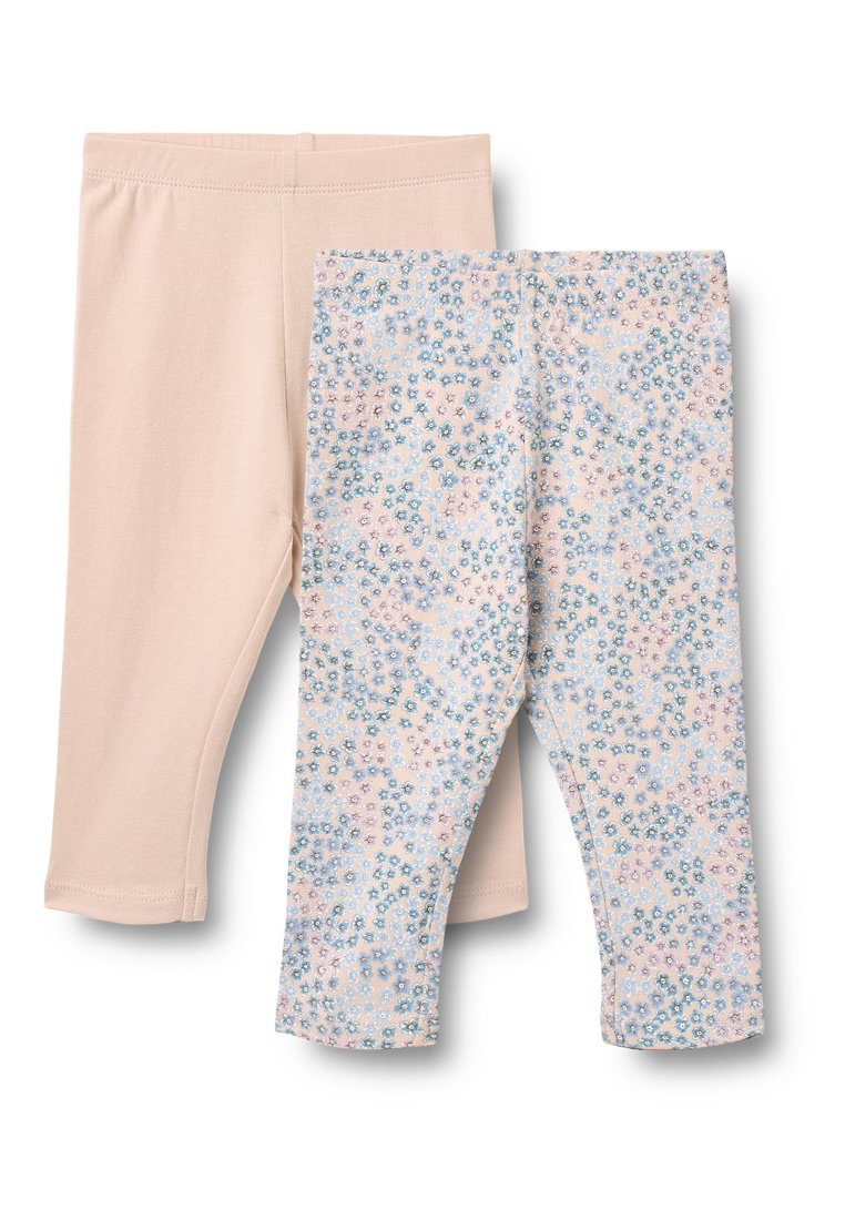 Zwei Leggings-Paare: eines in einfarbigem Hellrosa und das andere mit einem hellblauen Blumenmuster. Beide verfügen über elastische Bundabschlüsse und weichen Stoff.