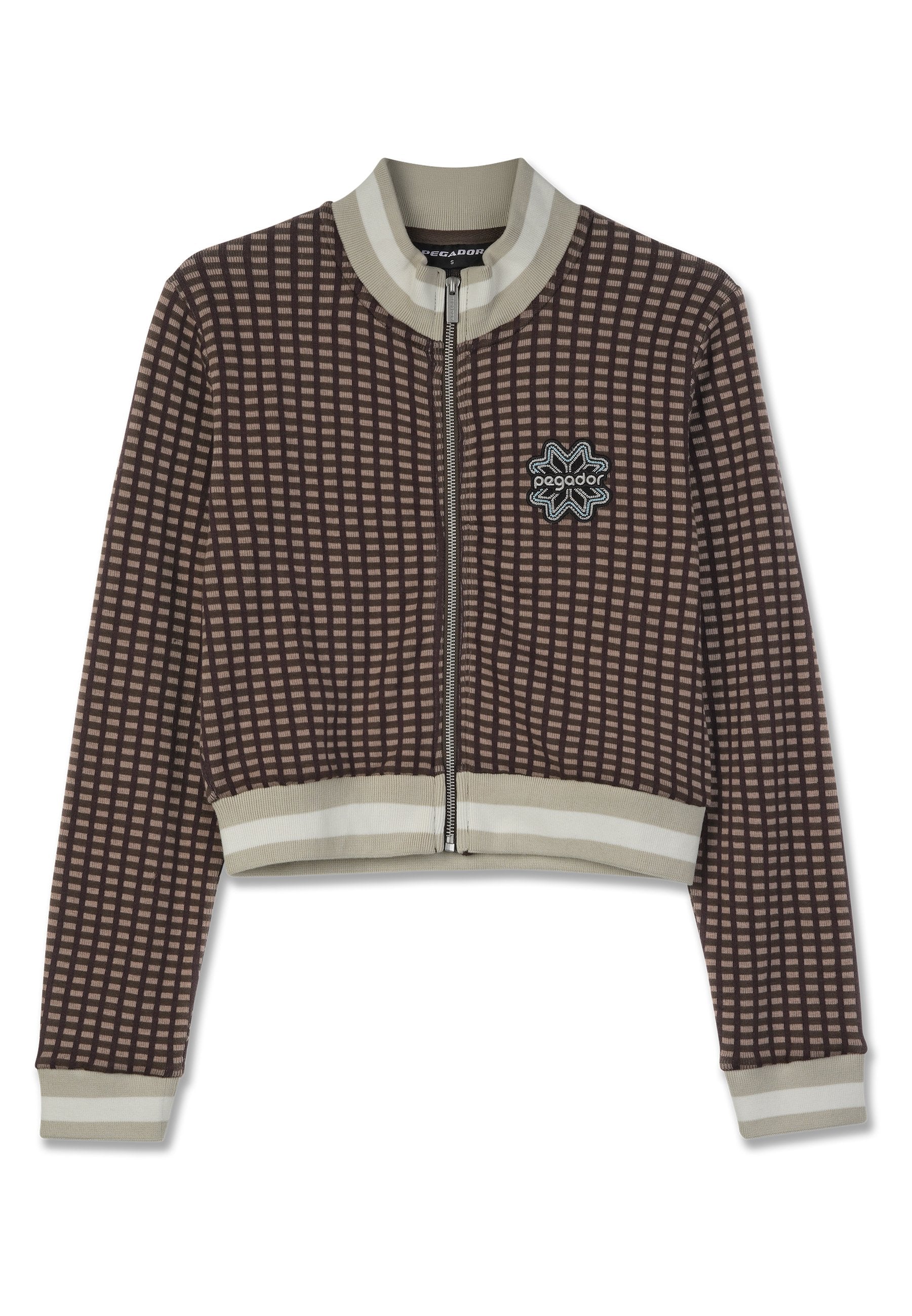 Braune, kurze Jacke mit Karomuster, Frontreißverschluss, gerippten Bündchen und Kragen in kontrastierendem Beige, mit einem gestickten Logo.