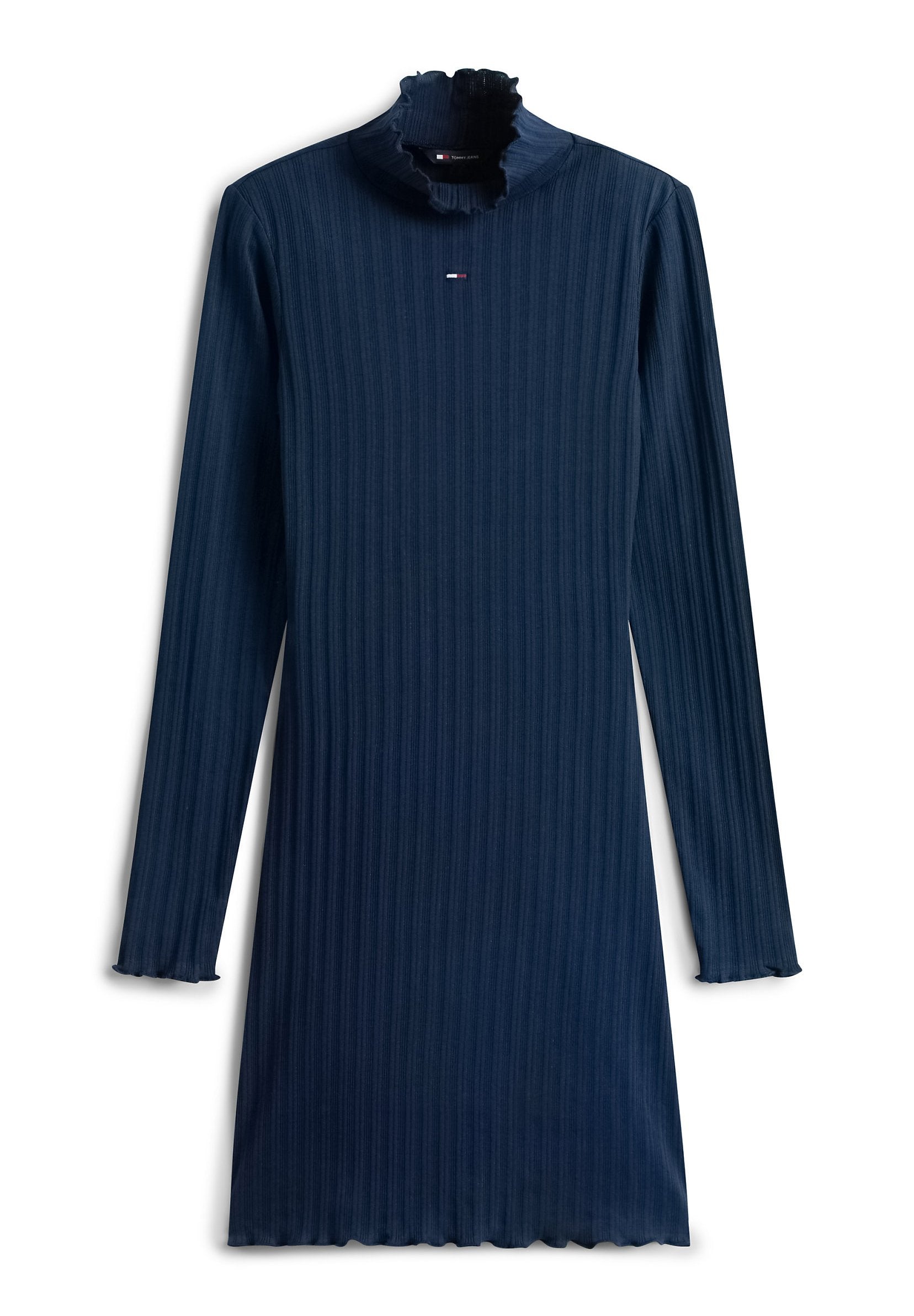 Marineblaues, geripptes Kleid mit langen Ärmeln, hohem, gerafftem Kragen und gewellten Saumkanten. Verfügt über ein kleines Logo auf der Brust. Glatte Textur.