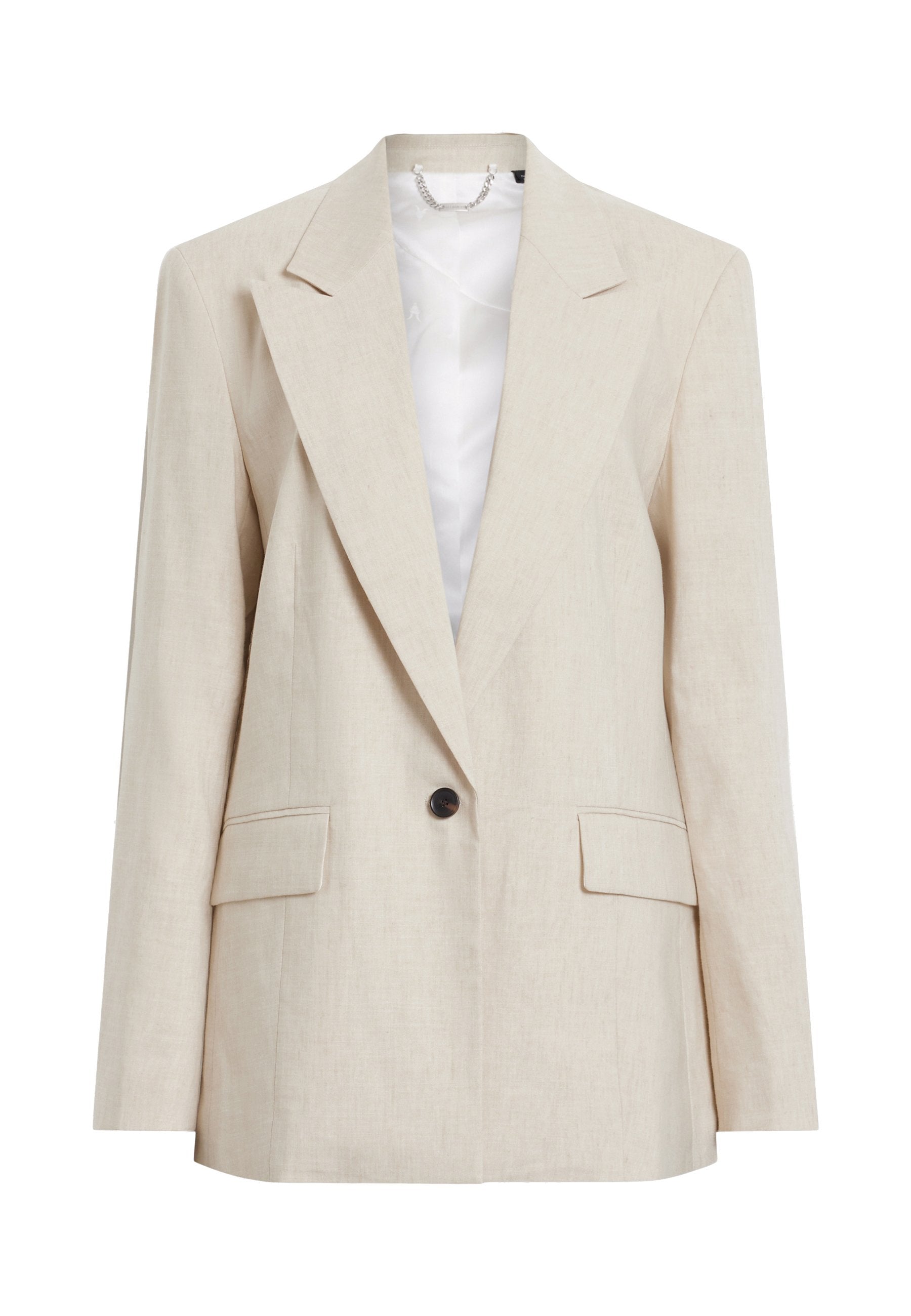 Beige Leinenblazer mit Reverskragen, Ein-Knopf-Verschluss, zwei Fronttaschen und glattem Innenfutter. Leicht und maßgeschneidert.