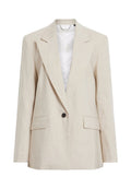 Beige Leinenblazer mit Reverskragen, Ein-Knopf-Verschluss, zwei Fronttaschen und glattem Innenfutter. Leicht und maßgeschneidert.