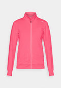 Rosa Vollzip-Jacke aus weichem Material mit hohem Kragen, langen Ärmeln, gerippten Bündchen und Saum sowie einem kleinen Logo auf der oberen rechten Brustseite.