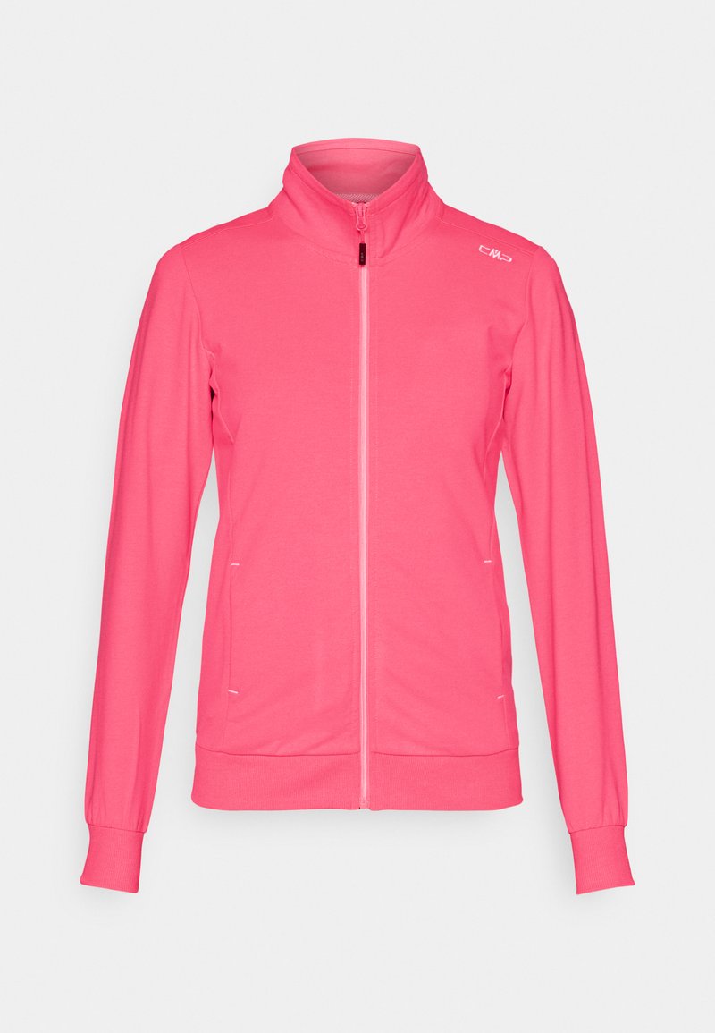 Rosa Vollzip-Jacke aus weichem Material mit hohem Kragen, langen Ärmeln, gerippten Bündchen und Saum sowie einem kleinen Logo auf der oberen rechten Brustseite.