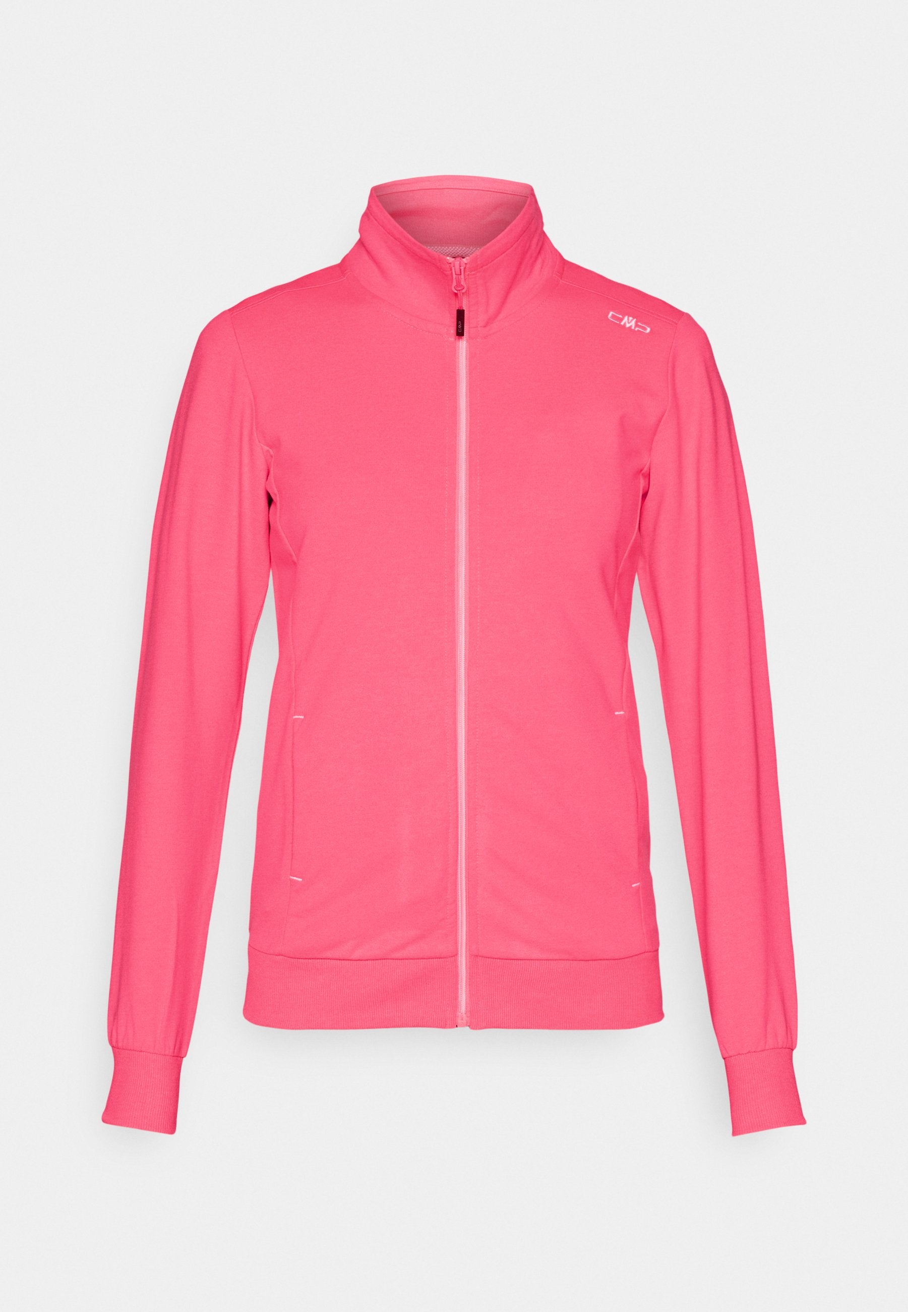 Rosa Vollzip-Jacke aus weichem Material mit hohem Kragen, langen Ärmeln, gerippten Bündchen und Saum sowie einem kleinen Logo auf der oberen rechten Brustseite.