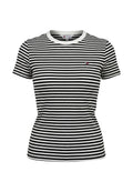Schwarz-weiß gestreiftes T-Shirt mit kurzen Ärmeln, Rundhalsausschnitt und kleinem Tommy Hilfiger Logo auf der linken Brustseite.