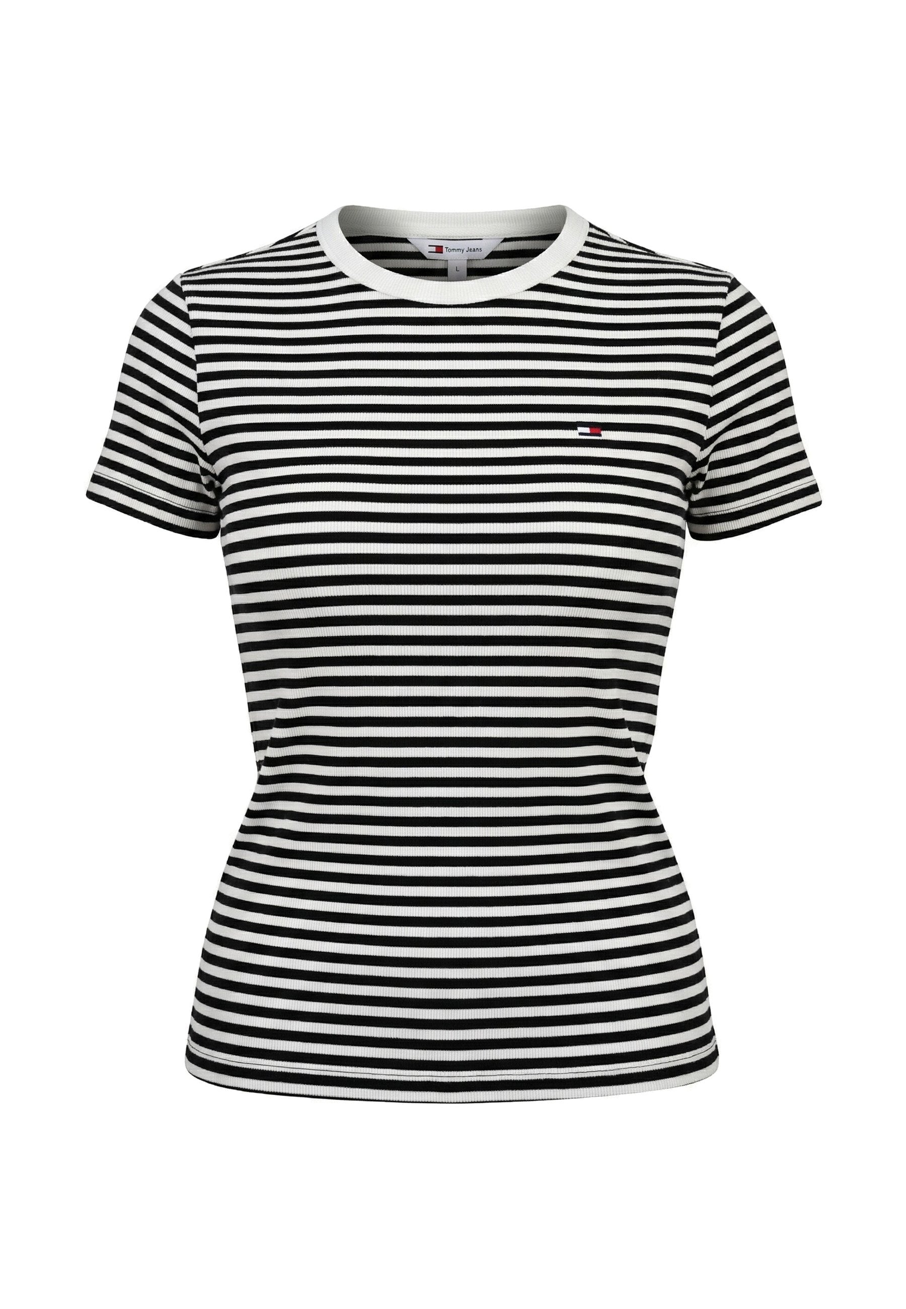 Schwarz-weiß gestreiftes T-Shirt mit kurzen Ärmeln, Rundhalsausschnitt und kleinem Tommy Hilfiger Logo auf der linken Brustseite.