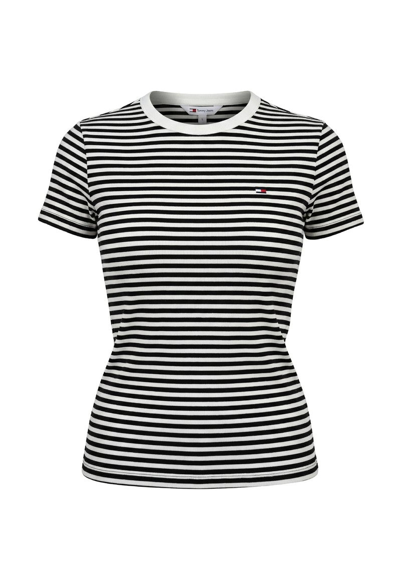 Schwarz-weiß gestreiftes T-Shirt mit kurzen Ärmeln, Rundhalsausschnitt und kleinem Tommy Hilfiger Logo auf der linken Brustseite.