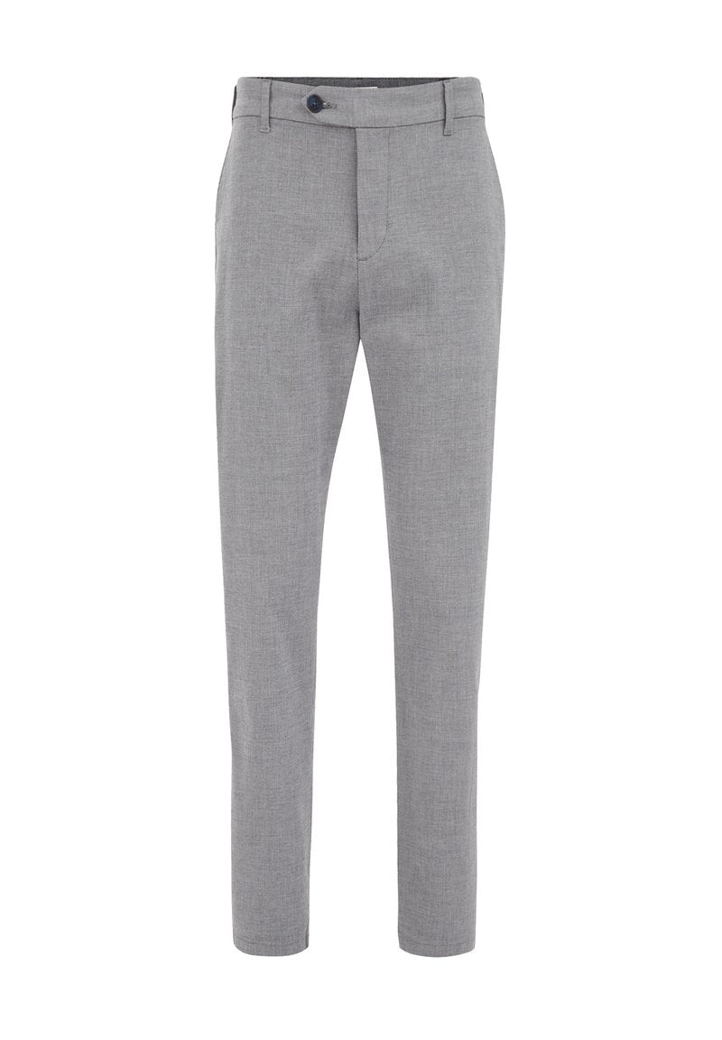 Grau maßgeschneiderte Hose aus gewebtem Stoff mit Knopfverschluss und schrägen Taschen, in schmaler Passform und geraden Beinen.