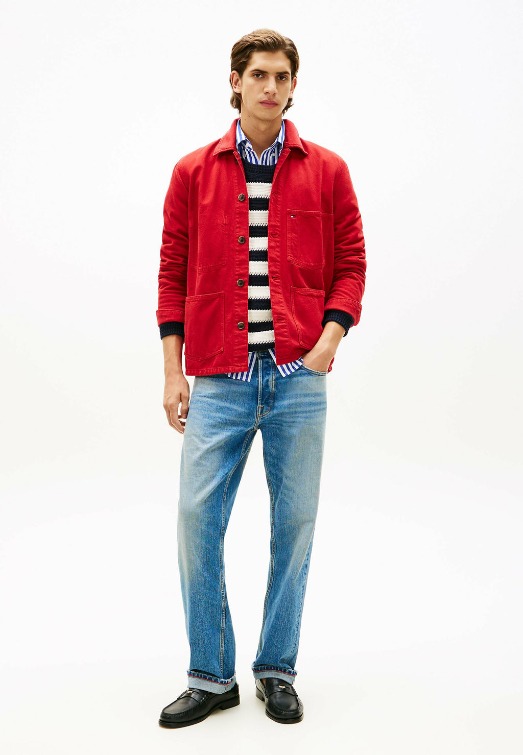 WASHED FLAG EMBROIDERY DENIM CHORE JACKET Media 2