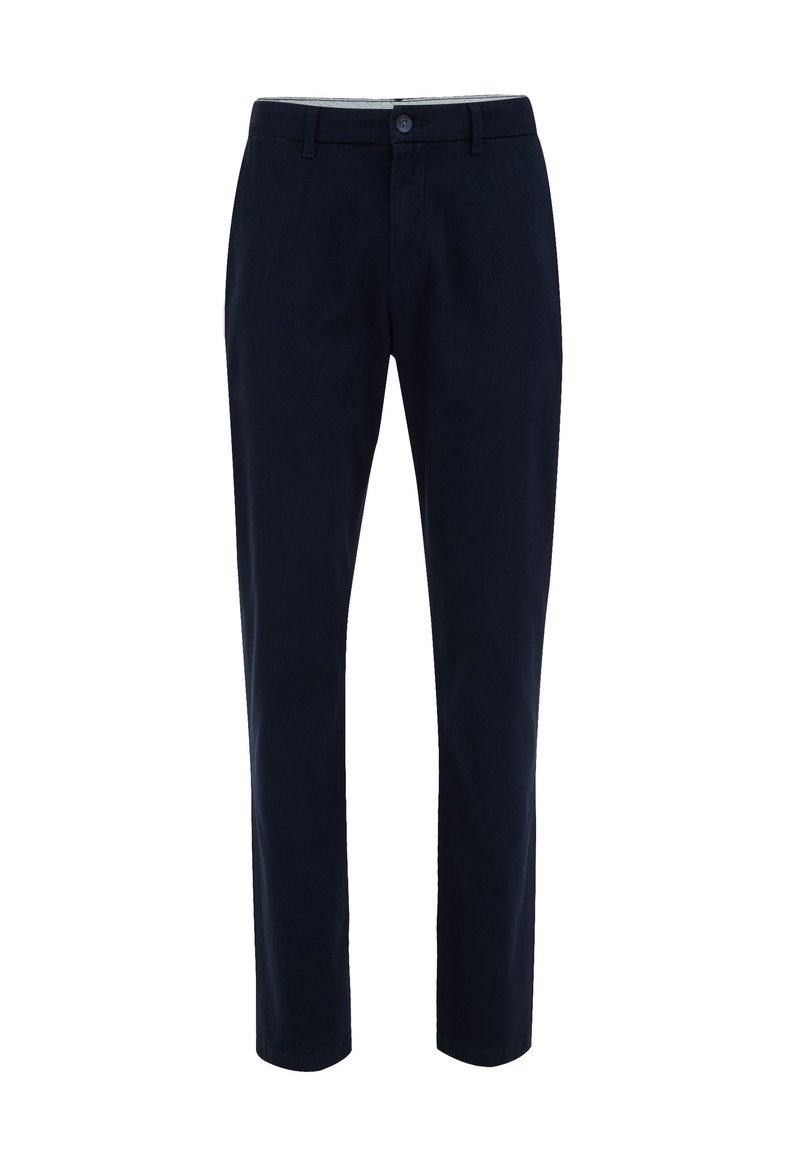 Navyblaue Baumwollchinos mit geradem Bein, ausgestattet mit einem Frontknopfverschluss, Gürtelschlaufen und Seitentaschen. Angenehme, glatte Textur.